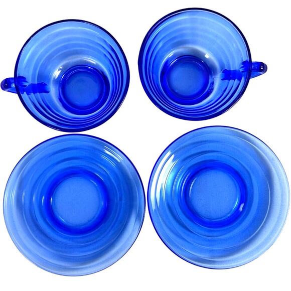 Hazel Atlas Moderntone Cobalt Blue Cups and Saucers-Set of 2 - Picture 3 of 4